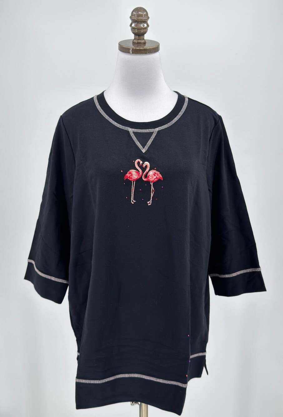 Quacker Factory Black Flamingo Embroidered Sweatshirt Sz 1X NEW